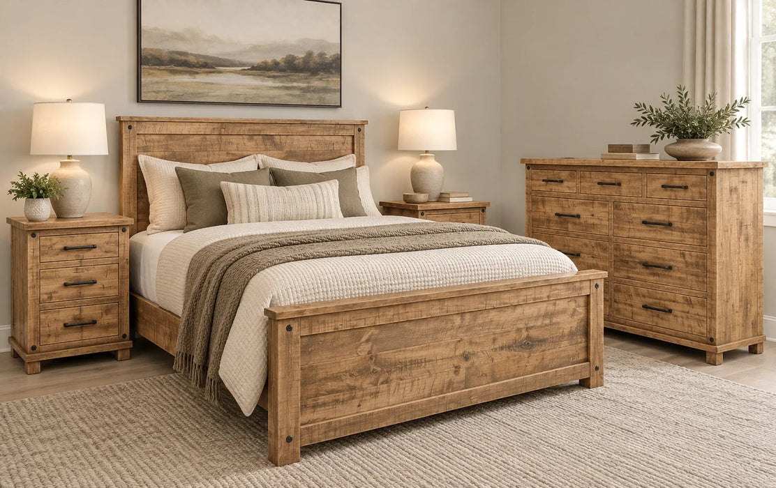 Handstone Adirondack bedroom set in wormy maple with a Sawmill Organic finish, featuring a wood bed, matching dresser, and three-drawer nightstands. Lighter natural wood tones highlight the distinctive sawmill texture, complemented by dark metal hardware and substantial framed construction.