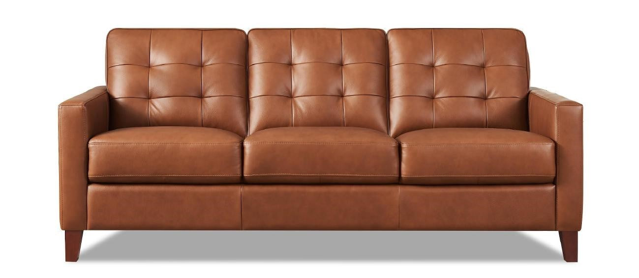 Canadian-made leather Aiden Sofa with biscuit tufted back cushions, shown in Nutmeg colour