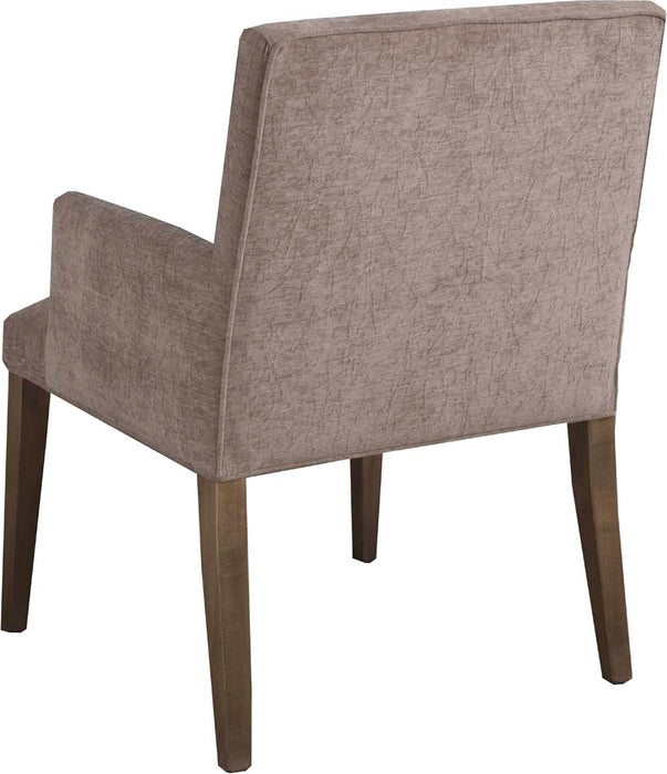Back view of solid maple Baza armchair with fabric upholstery made by Cardinal Woodcraft