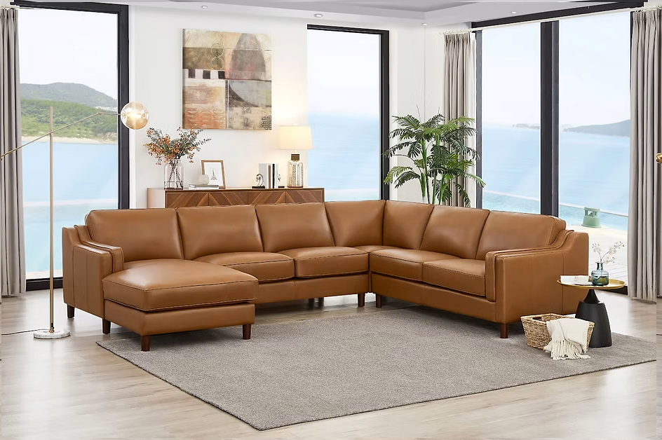 Canadian-made top grain leather Bella large sectional sofa shown in Cognac colour