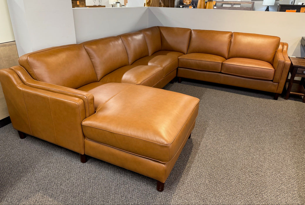 Canadian-made top grain leather Bella sectional sofa shown in Cognac colour