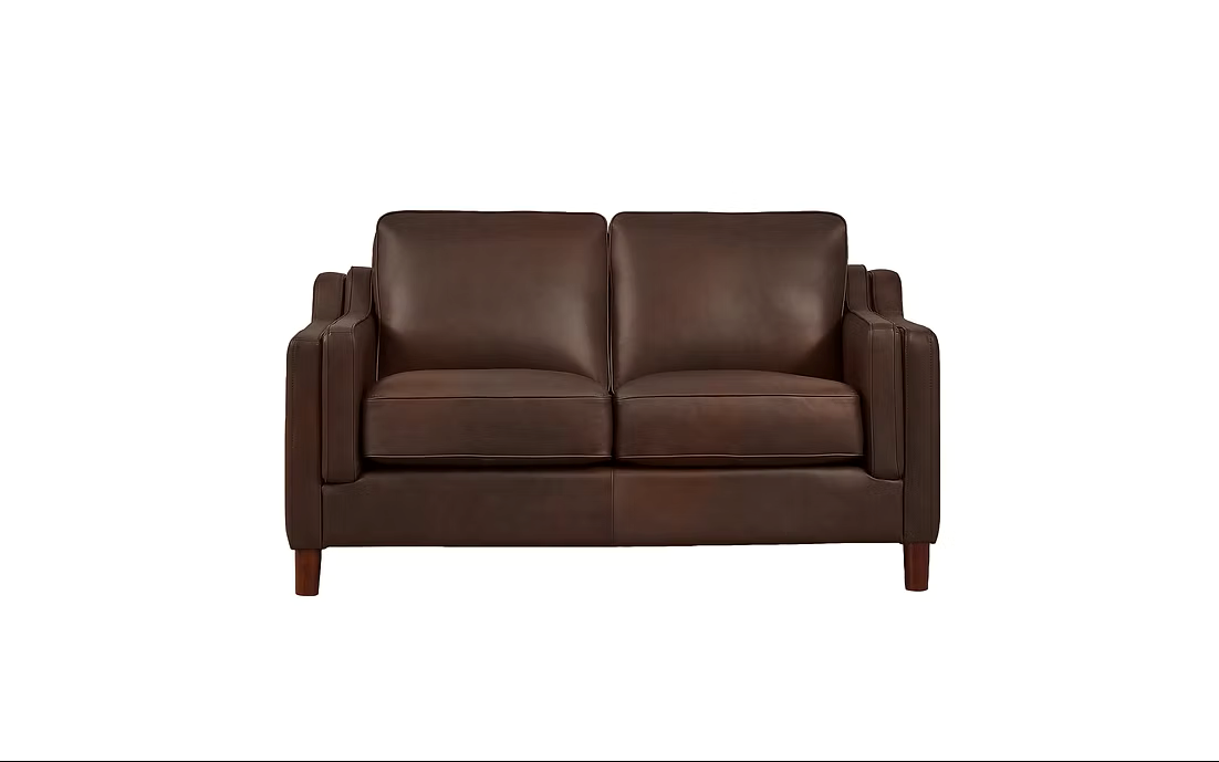 Canadian-made top grain leather Bella loveseat shown in Chestnut colour