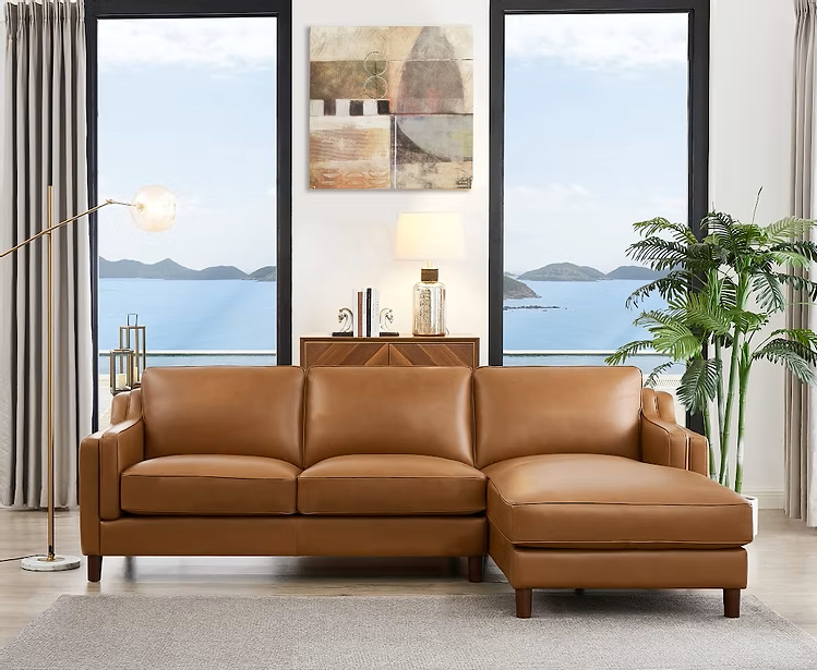 Canadian-made top grain leather Bella sectional sofa shown in Cognac colour