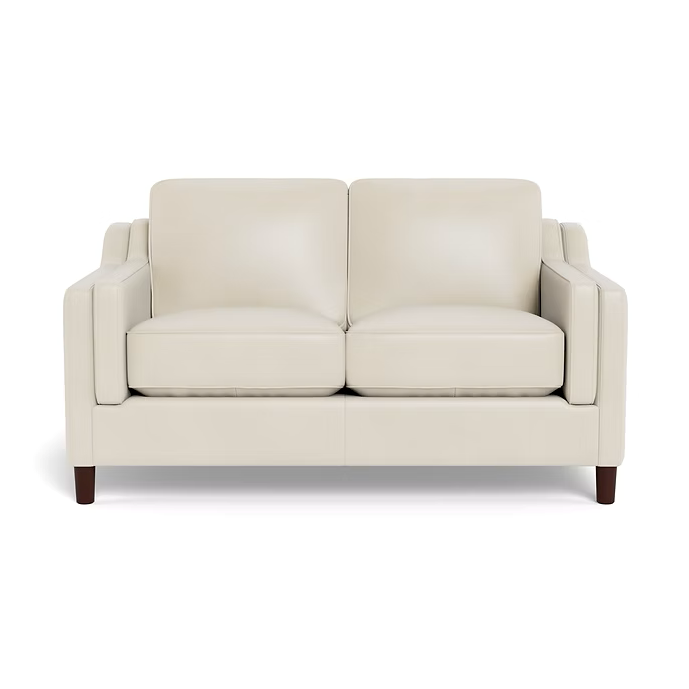 Canadian-made top grain leather Bella loveseat shown in Vanilla colour