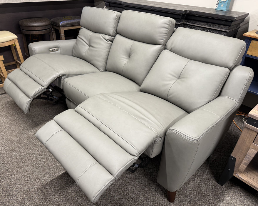 reclined view of genuine top grain leather Canadian-made Chinook power Reclining Sofa shown in Slate colour