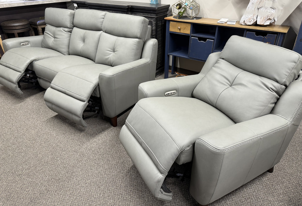 reclined view of genuine top grain leather Canadian-made Chinook power Reclining Sofa & chair shown in Slate colour