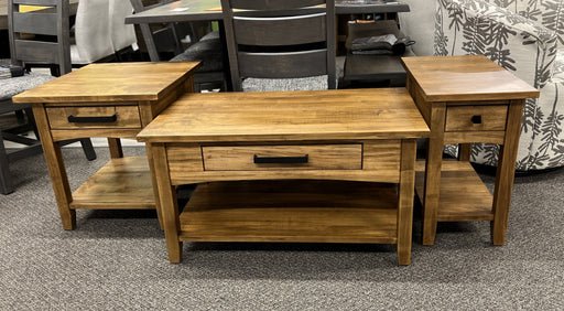 Glengarry occasional tables in solid Wormy Ambrosia Maple with Heritage Barley finish, featuring a coffee table, end table and chairside table, each with a single drawer, lower shelf and black metal hardware.