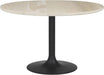 Tulip-style Greta table with a round solid maple top in a natural light finish and a black metal pedestal base