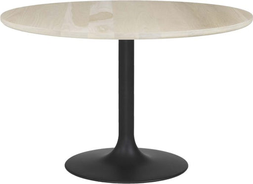 Tulip-style Greta table with a round solid maple top in a natural light finish and a black metal pedestal base