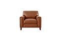 Hayward armchair fully upholstered in rich Cognac coloured genuine top grain leather, featuring a clean, low-profile silhouette with a cushioned back and seat, broad square arms and tapered dark wood legs.