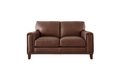 Hayward loveseat fully upholstered in dark brown Pecan coloured genuine top grain leather, featuring a clean, low-profile silhouette with two cushioned back and seat sections, broad square arms and tapered dark wood legs.