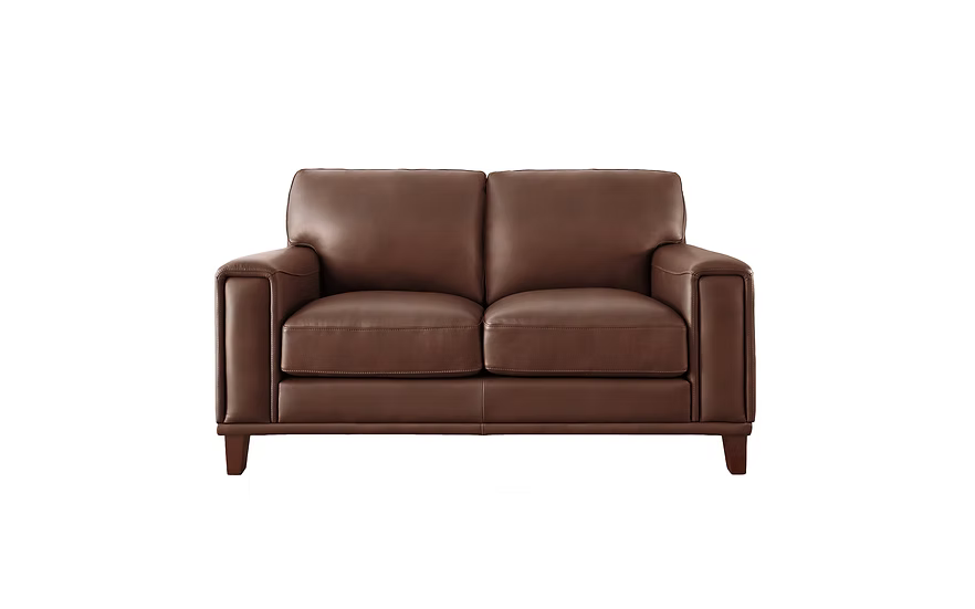 Hayward loveseat fully upholstered in dark brown Pecan coloured genuine top grain leather, featuring a clean, low-profile silhouette with two cushioned back and seat sections, broad square arms and tapered dark wood legs.