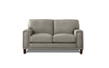 Hayward loveseat fully upholstered in rich grey Stone coloured genuine top grain leather, featuring a clean, low-profile silhouette with two cushioned back and seat sections, broad square arms and tapered dark wood legs.