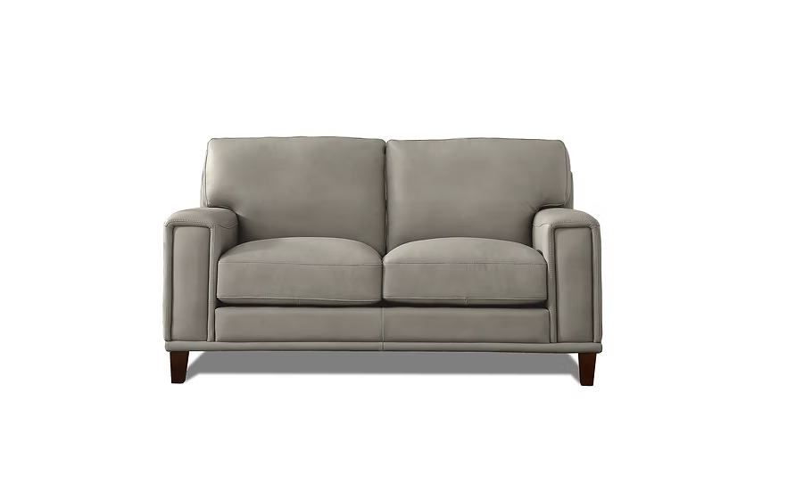 Hayward loveseat fully upholstered in rich grey Stone coloured genuine top grain leather, featuring a clean, low-profile silhouette with two cushioned back and seat sections, broad square arms and tapered dark wood legs.