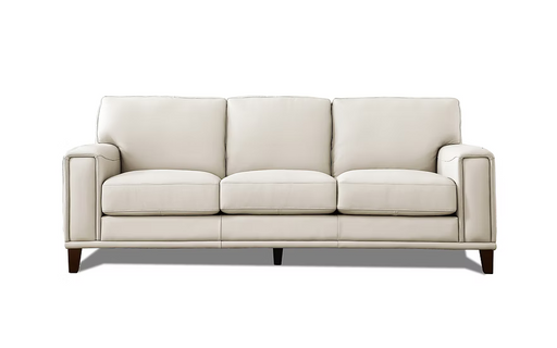 Hayward sofa fully upholstered in a vanilla coloured genuine top grain leather, featuring a clean, low-profile silhouette with three cushioned back and seat sections, broad square arms and tapered dark wood legs.