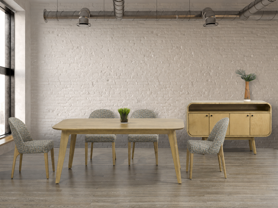 solid maple Karsjo table in a light natural finish that has a rectangular solid top with rounded corners and outward angled tapered legs, paired with 4 textured grey fabric Svene dining chairs that have matching tapered wood legs, and a modern capsule-shaped Karsjo sideboard on angled legs, with 4 doors and an opening above the doors