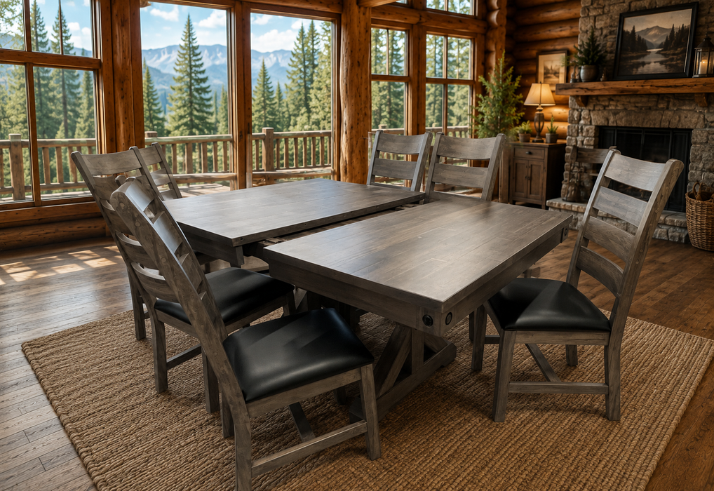 rustic dining room featuring a solid wood rectangular table with a trestle-style base, surrounded by 6 matching wooden chairs with dark upholstered seats.