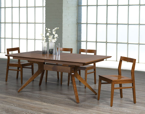staged photo of a Scandinavian-inspired maple dining set made by Cardinal, includes a Skagen table stained a warm bronze colour, with 4 matching solid maple low back Wind dining chairs
