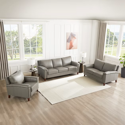 Westcott leather living room collection in Concrete Grey featuring a sofa, loveseat and chair with clean transitional styling, padded track arms, supportive back cushions, tapered wood legs, and smooth leather upholstery.