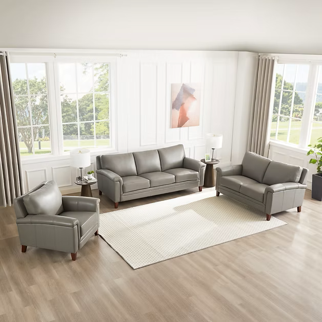 Westcott leather living room collection in Concrete Grey featuring a sofa, loveseat and chair with clean transitional styling, padded track arms, supportive back cushions, tapered wood legs, and smooth leather upholstery.