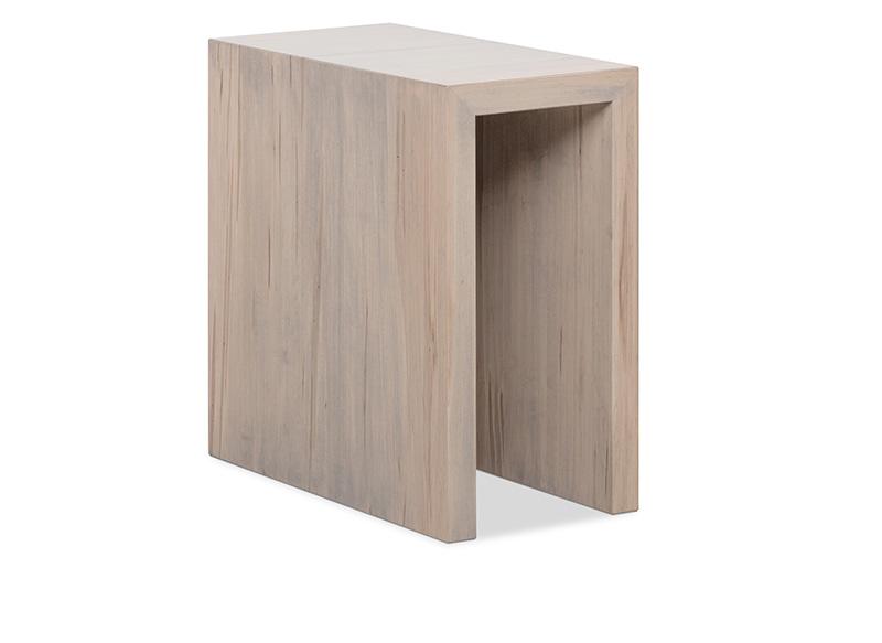 Light natural wood waterfall-style chairside table with a minimalist U-shaped design, shown at a three-quarter angle on a white background. The clean-lined piece features continuous wood grain flowing across the top and sides, creating a modern, Scandinavian-inspired look.
