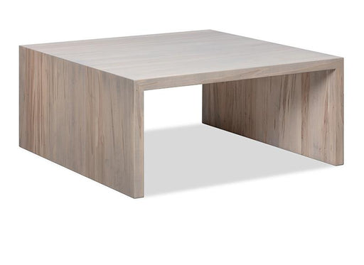 Light natural wood square waterfall-style coffee table with a minimalist U-shaped design, shown at a three-quarter angle on a white background. The clean-lined piece features continuous wood grain flowing across the top and sides, creating a modern, Scandinavian-inspired look.