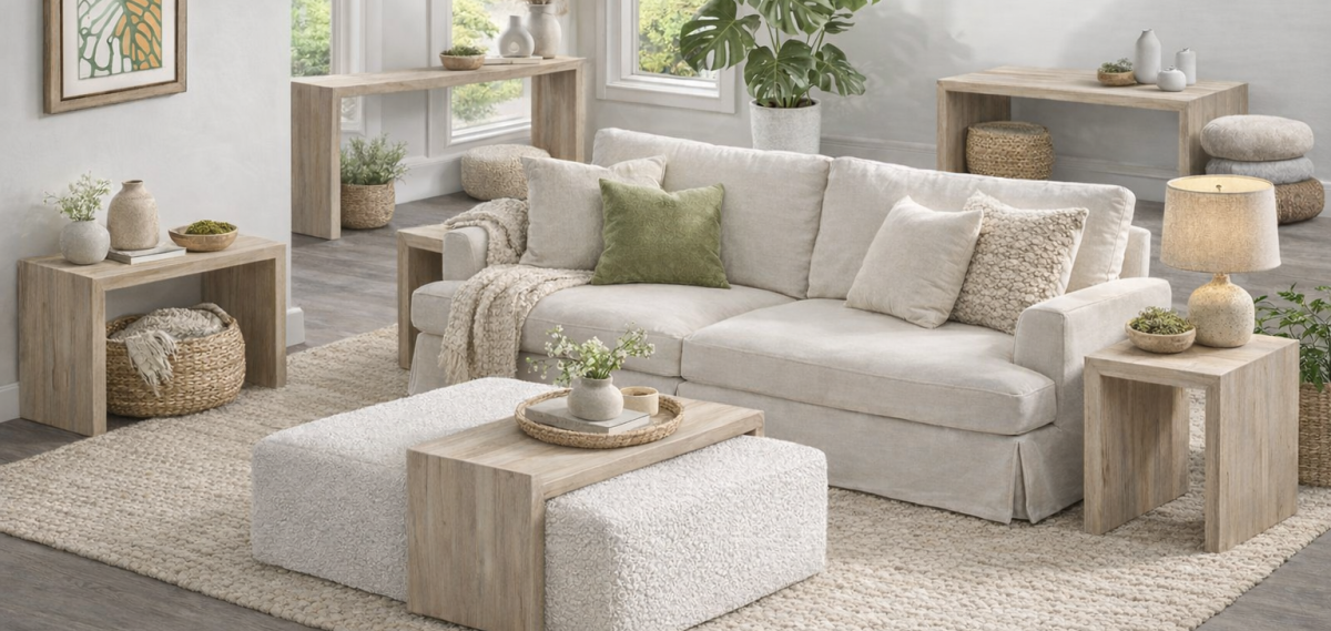 Bright, contemporary living room featuring a coordinated set of light wood accent tables, console tables, and coffee tables with clean waterfall-style silhouettes. The furniture is styled around a cream slipcovered sofa with a textured ottoman, woven baskets, neutral décor, and large windows that fill the space with natural light, creating a warm Scandinavian-inspired aesthetic.