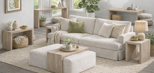 Bright, contemporary living room featuring a coordinated set of light wood accent tables, console tables, and coffee tables with clean waterfall-style silhouettes. The furniture is styled around a cream slipcovered sofa with a textured ottoman, woven baskets, neutral décor, and large windows that fill the space with natural light, creating a warm Scandinavian-inspired aesthetic.